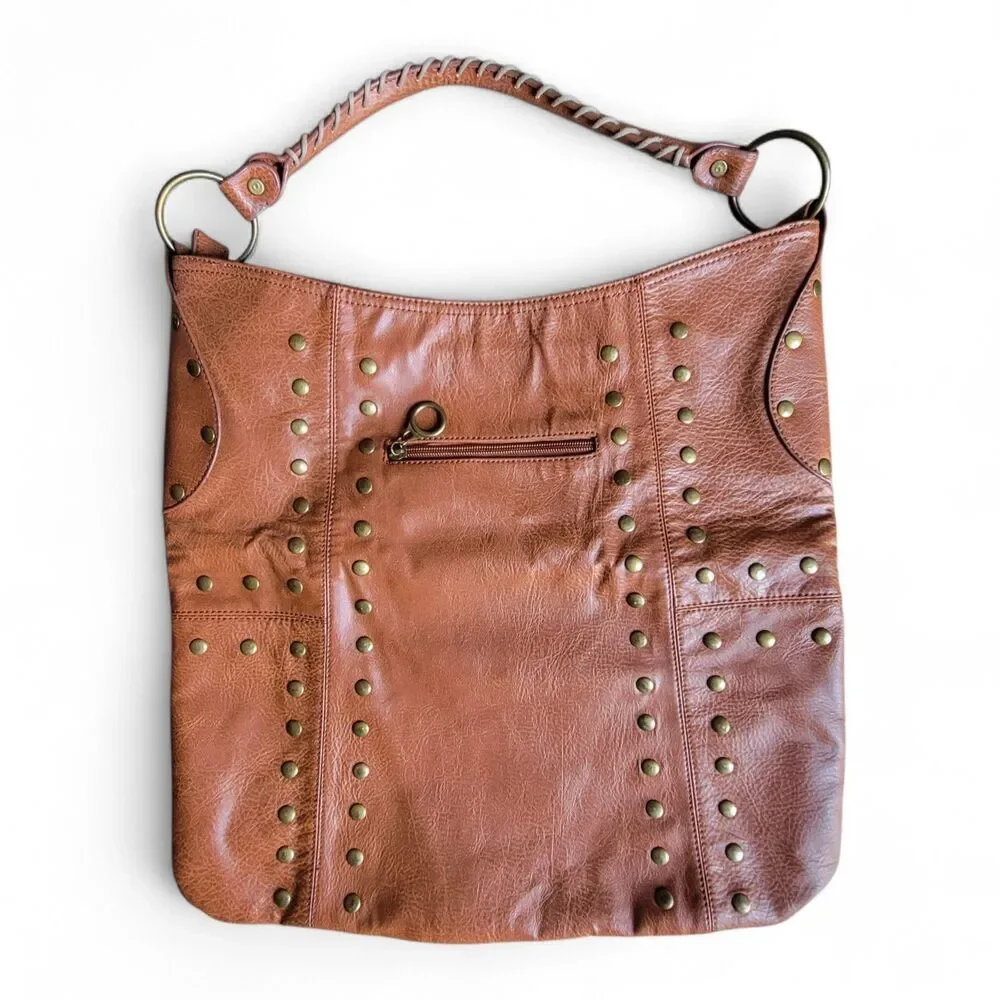 Studded Faux Leather Boho Bag Women's Shoulder Purse Brown Rivet Retro Indie